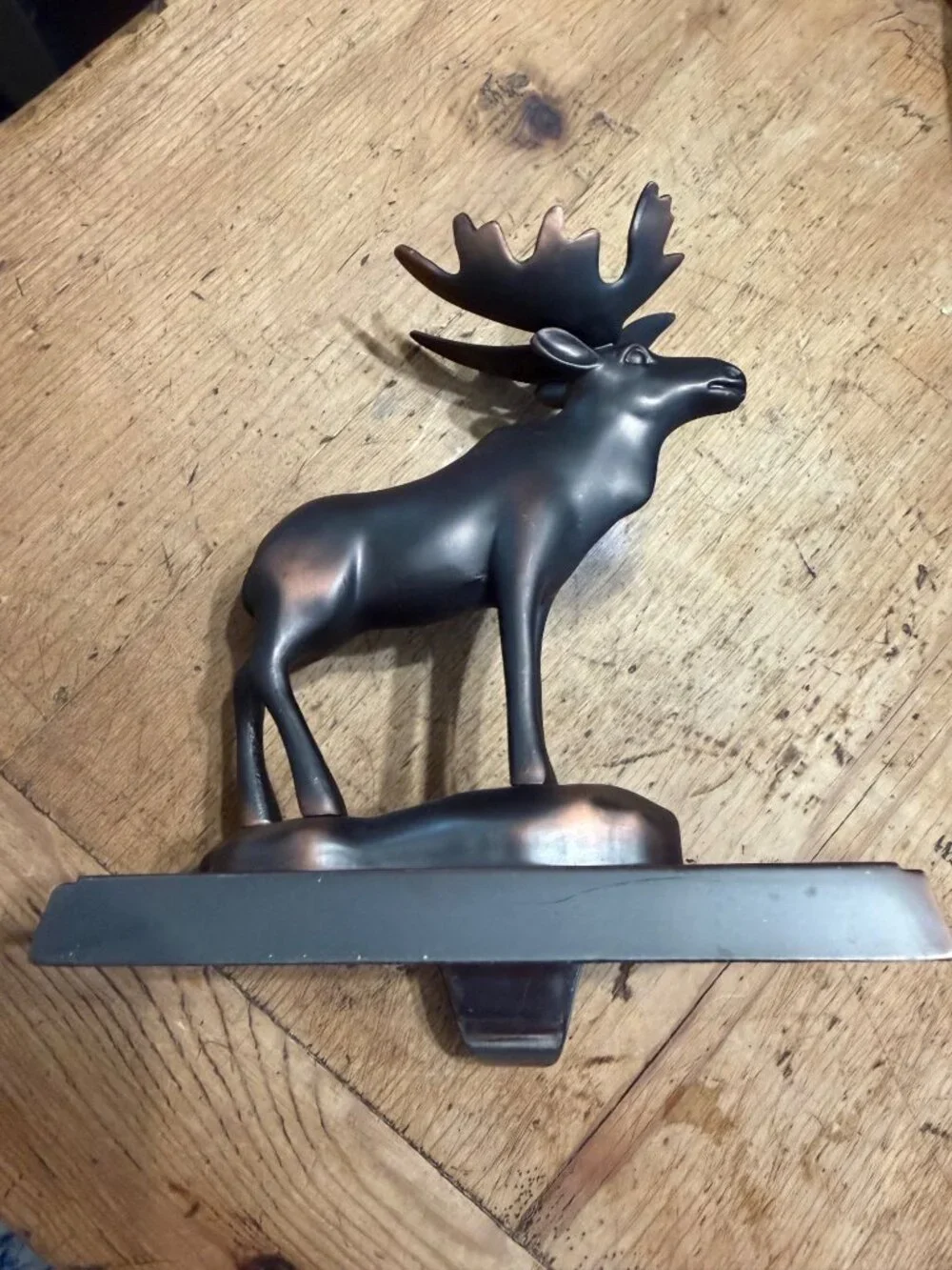 Moose Stocking Holder In Bronze Finish For Mantle Or Shelf Display